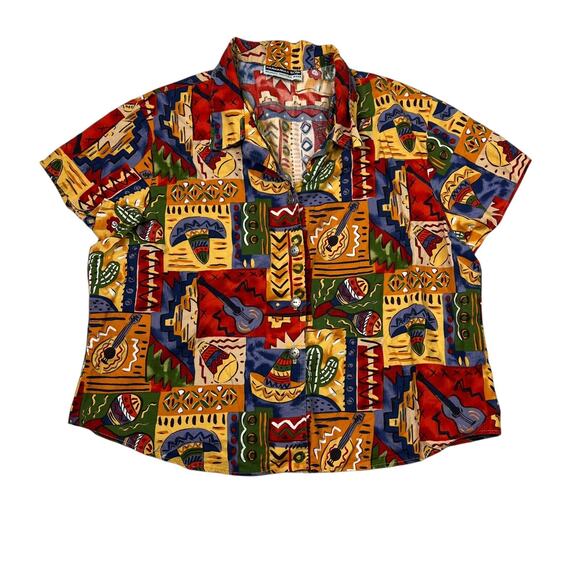 Vintage 90s AOP Southwestern Cropped Button Up Camp Shirt Womens Large - Picture 1 of 4